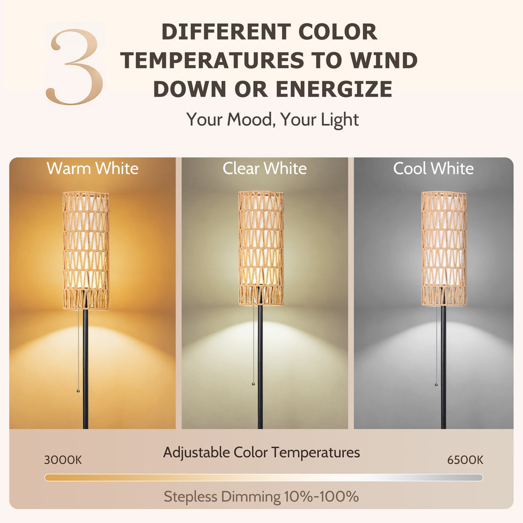 Cozylumi™ Coliware 63? Rattan Floor Lamp, Black Modern Standing Lamp with Pull Chain