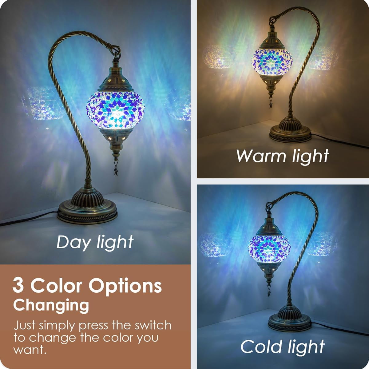 Yarra-Decor Turkish Moroccan Lamp with Bronze Base 3 Color Options Handmade Swan Neck Tiffany Mosaic Glass Bedside Lamps for Bedroom (LED Bulb Included)(4)